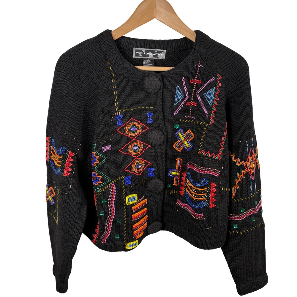 Vtg Beaded Cardigan Women M Black 90s Art to Wear Maximalist Whimsigoth Sweater